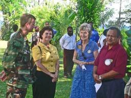 Captain Rhoades, Leslie Livingood, Maureen Hill (Treasurer of the Rotary Club of Madang), and Hal Daniel (President of the Rotary Club of Madang)