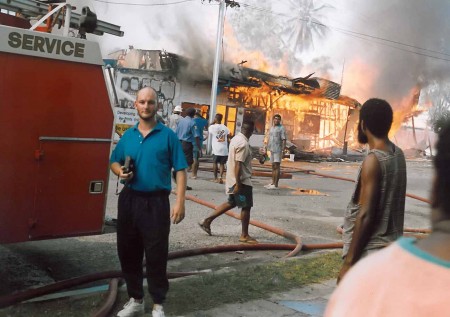 The old ChemCare store burning in Madang
